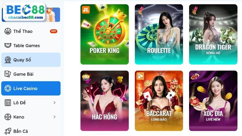 Các thể loại game Live casino trên BEC88