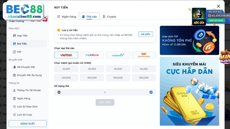 Chi tiết các bước rút tiền đối với từng phương thức BEC88
