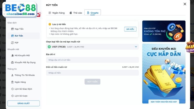 Lưu ý cần nhớ khi rút tiền tại nhà cái BEC88
